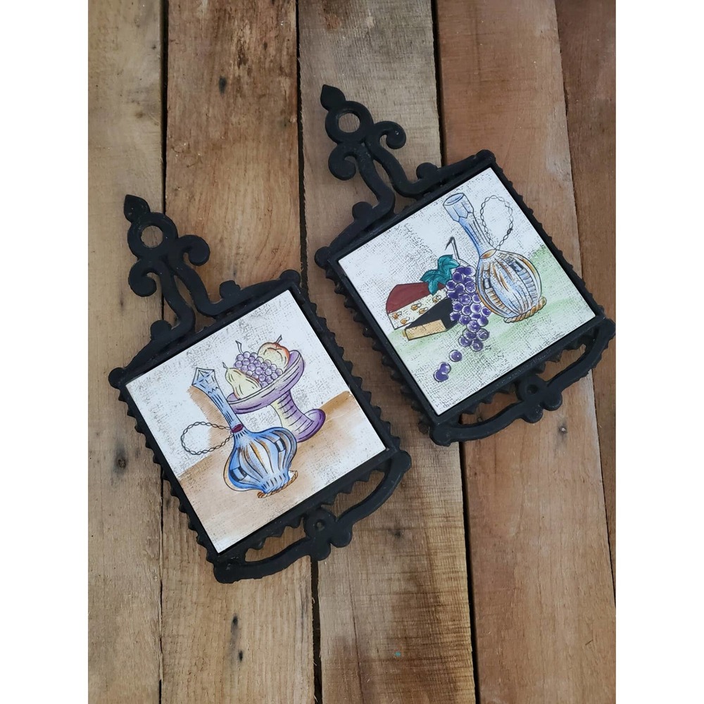 Vintage set of two Arco Cast Iron and Ceramic Wine, Cheese and Fruit Trivets